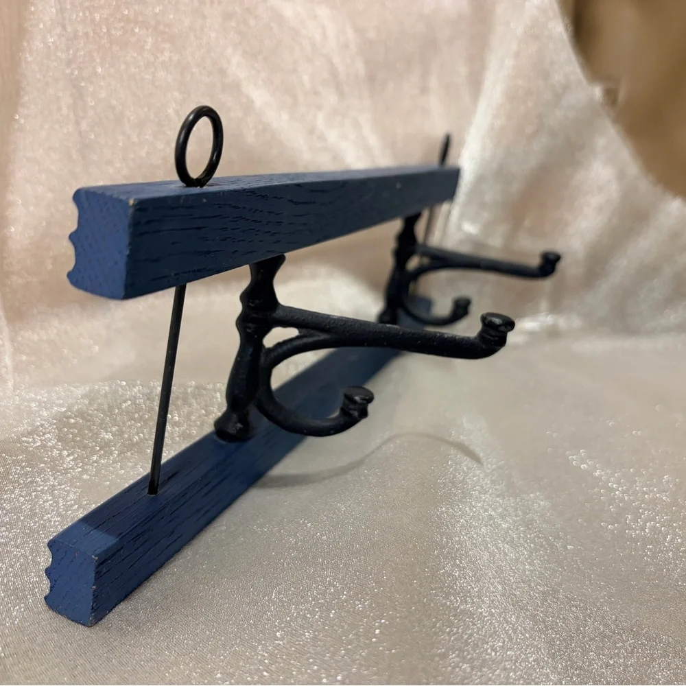 Blue Vintage Wall-Mounted Coat Rack with Black Metal Hooks